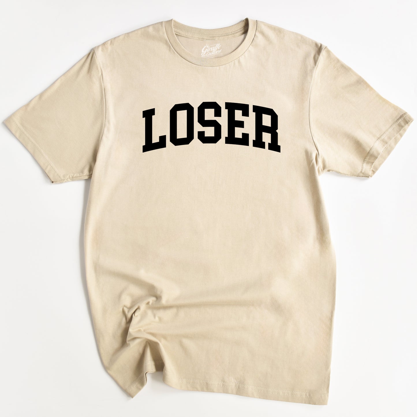 Beige t-shirt with 'LOSER' printed in black on a white background