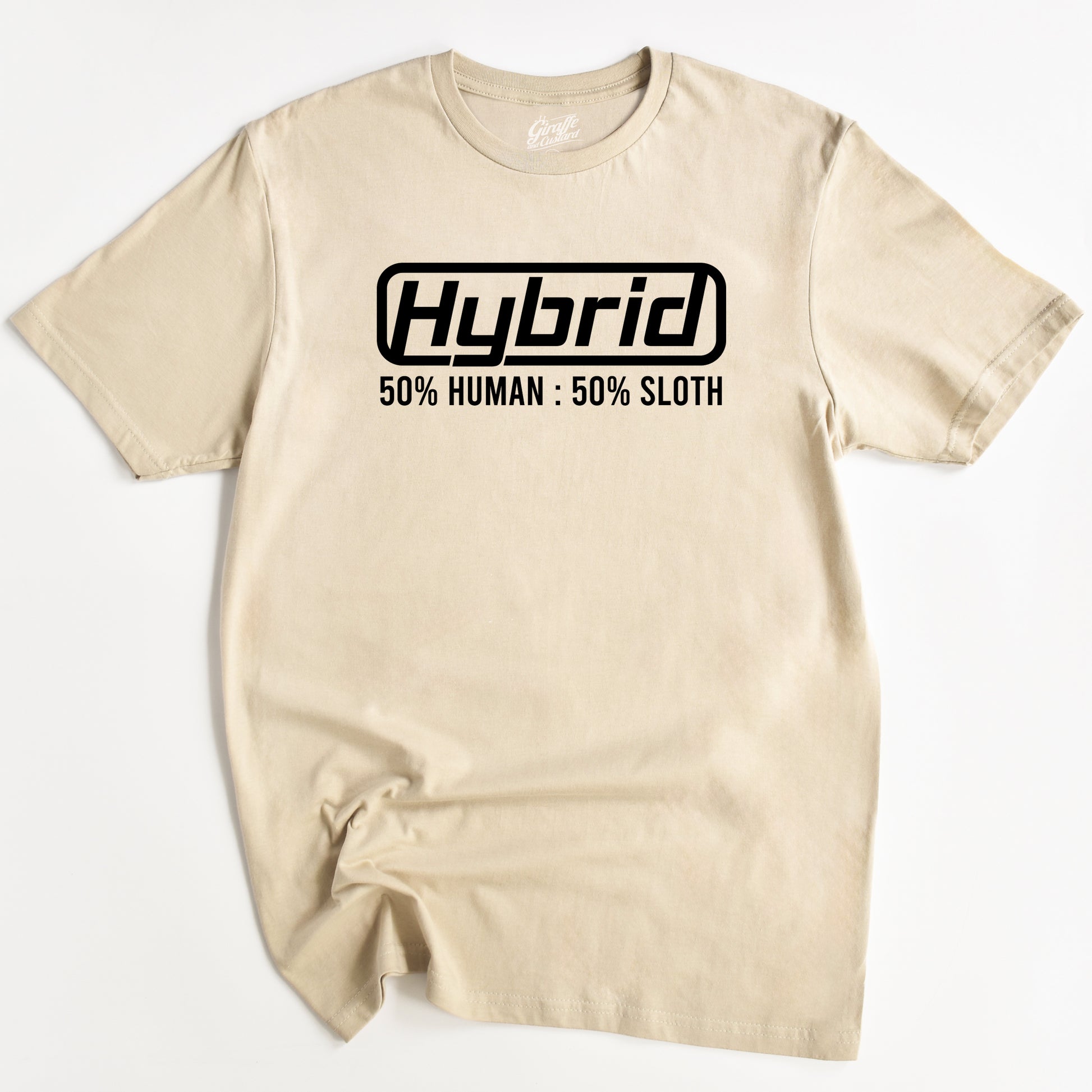 Beige T-shirt with the text 'Hybrid 50% Human 50% Sloth' printed on the front.