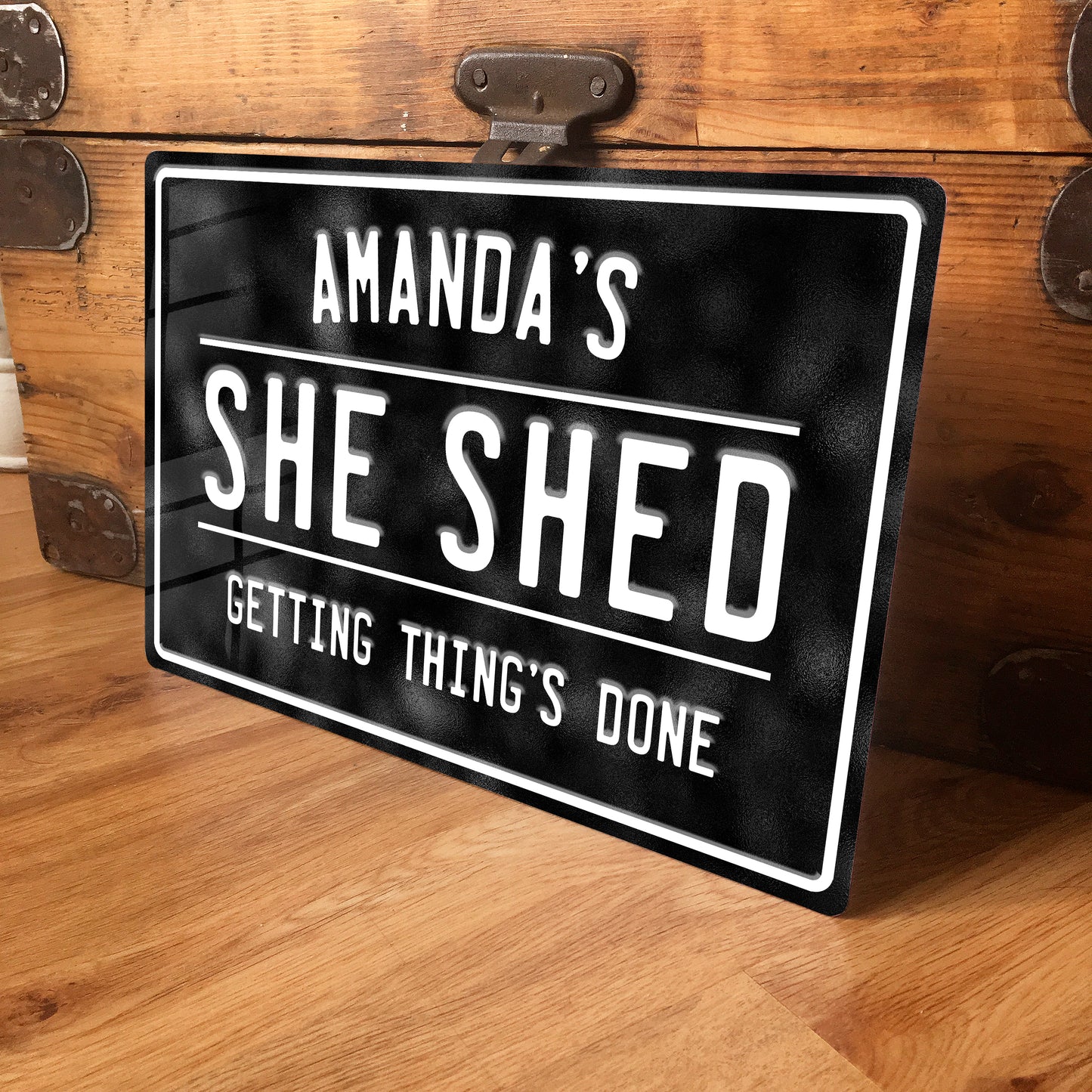Personalised She Shed Metal Sign in black with white text
