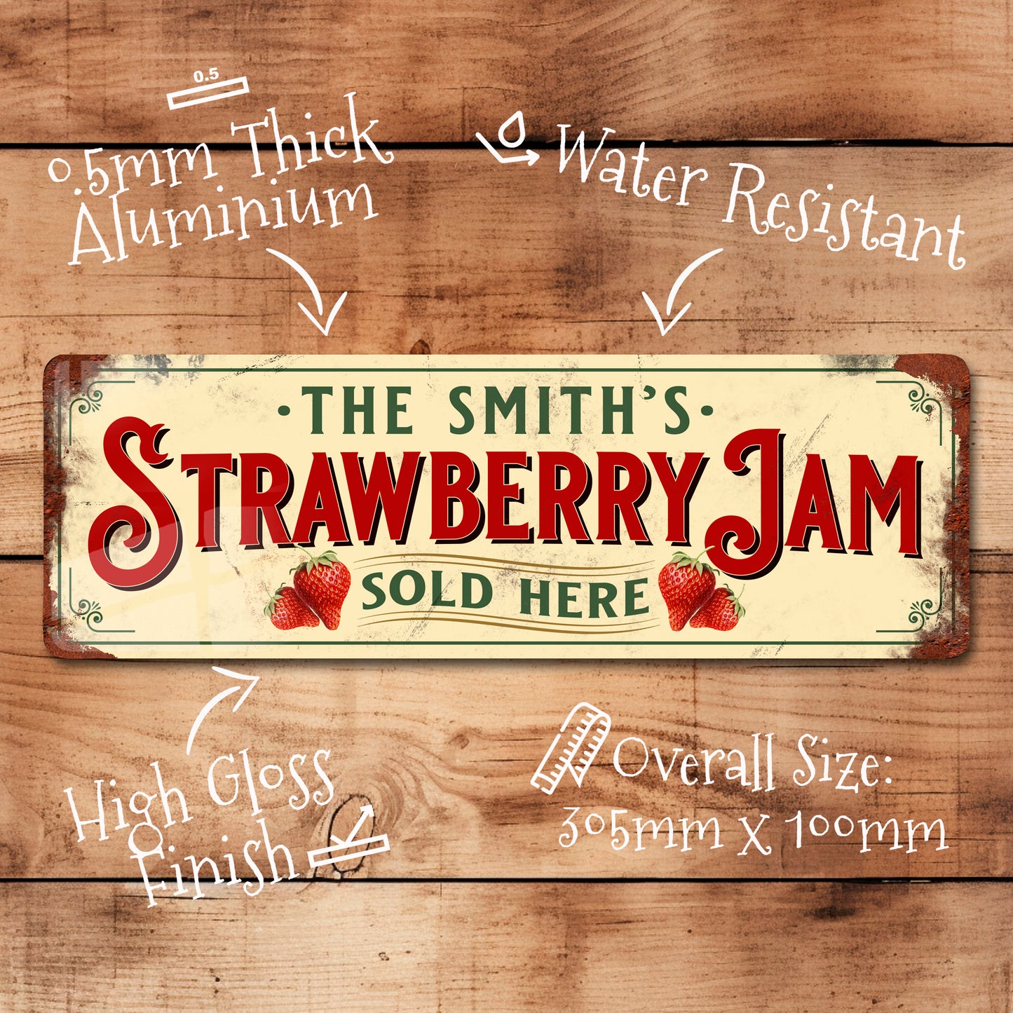 Personalised Strawberry Jam Kitchen Sign Plaque Vintage Retro Shabby - 100x305mm