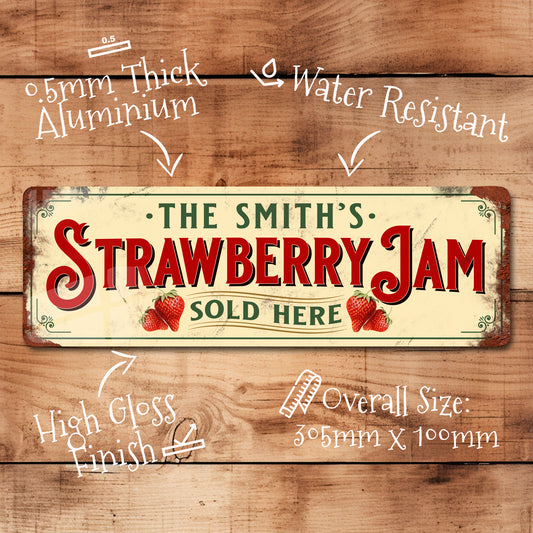Personalised Strawberry Jam Kitchen Sign Plaque Vintage Retro Shabby - 100x305mm