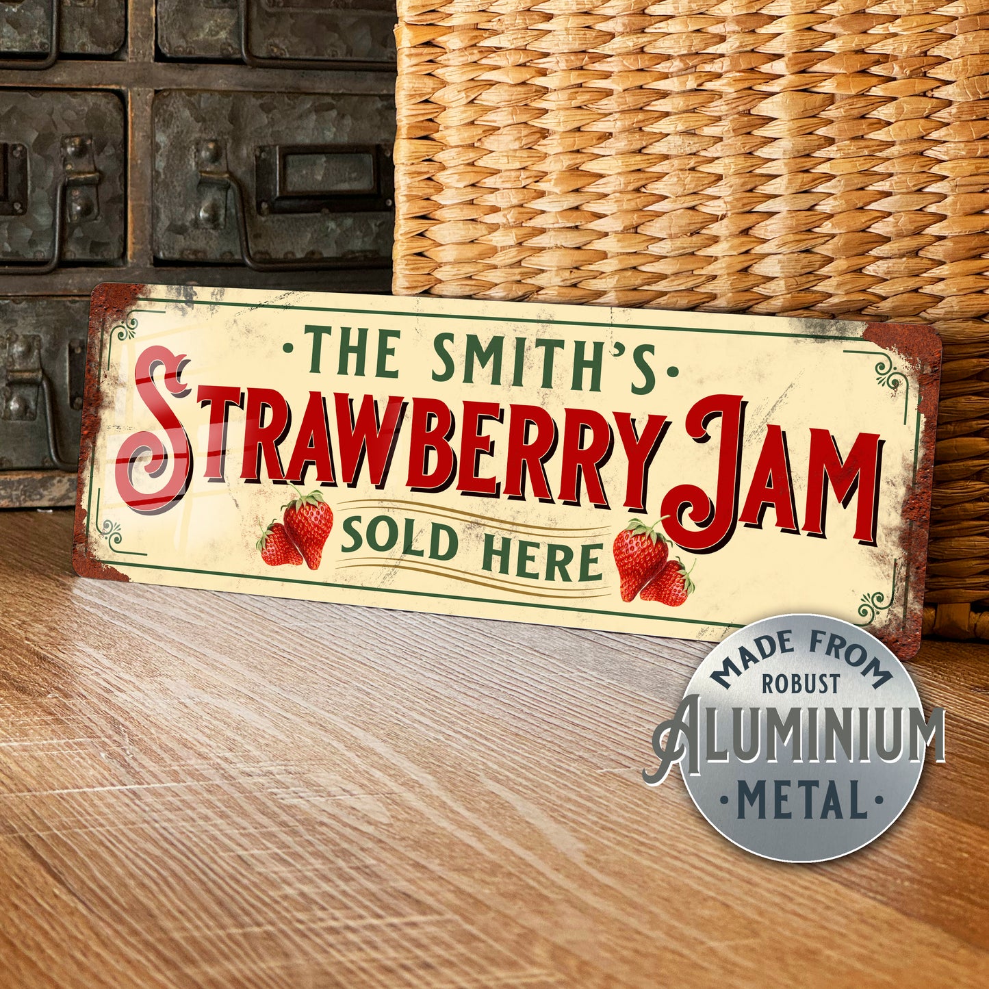 Vintage-style sign reading 'The Smith's Strawberry Jam Sold Here' on a wooden surface with a wicker basket in the background.
