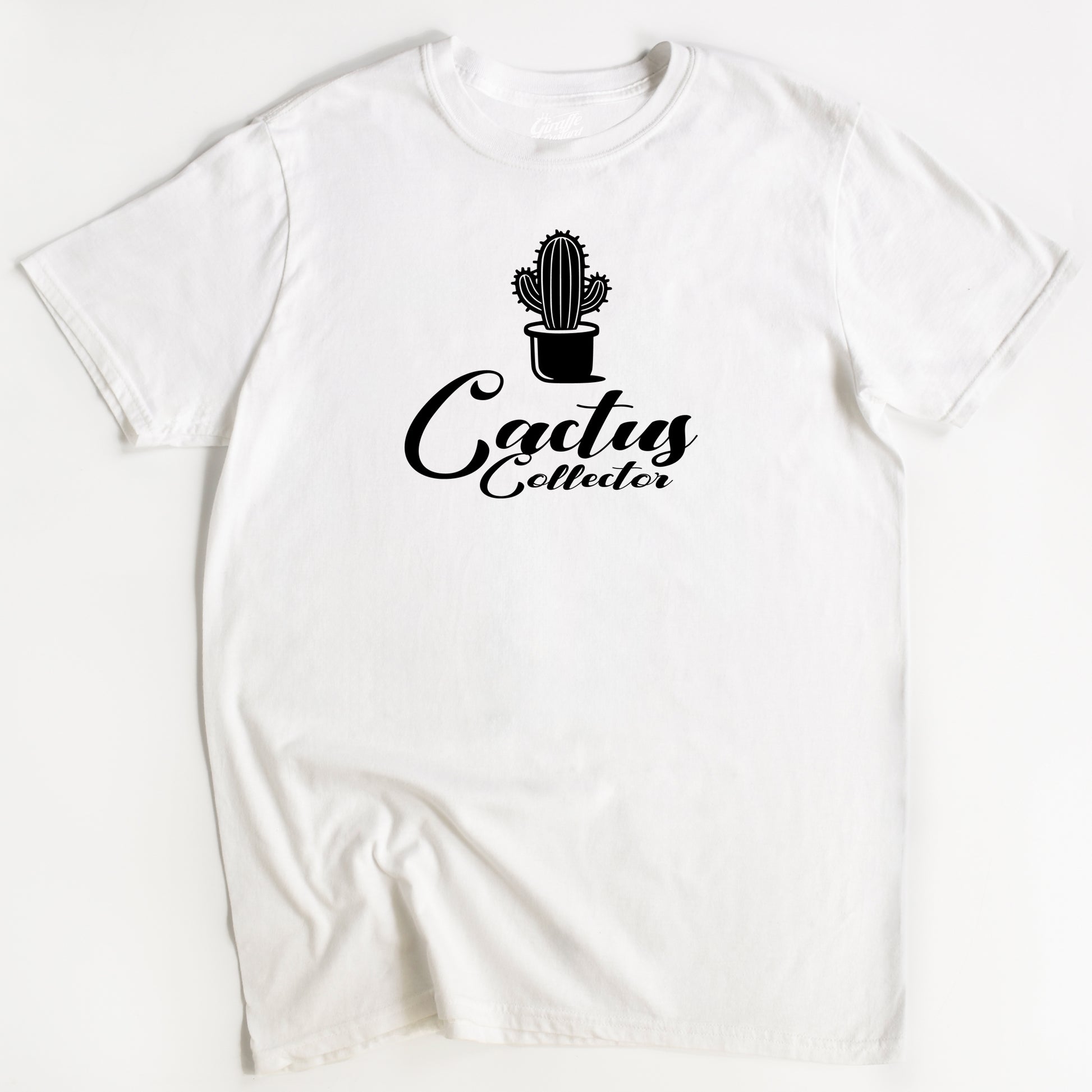 White t-shirt with 'Cactus Collector' text and a graphic of a cactus in a pot on the front.