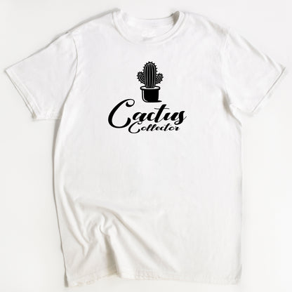 White t-shirt with 'Cactus Collector' text and a graphic of a cactus in a pot on the front.
