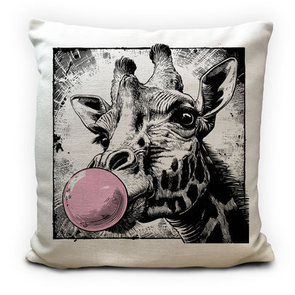 Pillow with a giraffe blowing pink bubble gum design on a white background