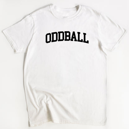 White t-shirt with 'ODDBALL' printed in black on a white background