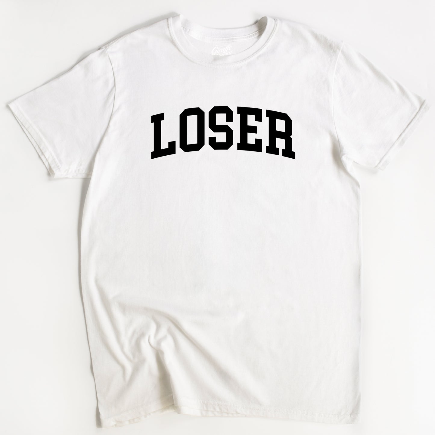 White t-shirt with 'LOSER' printed in black on a white background