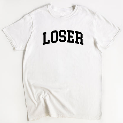 White t-shirt with 'LOSER' printed in black on a white background