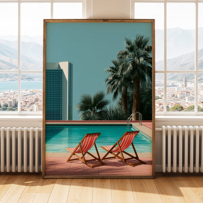 Retro Poolside Wall Art Print, Mid Century Pool Poster, Palm Tree Art, Summer Holiday Decor, Swimming Pool Print A4 A3 A2 A1 DH03