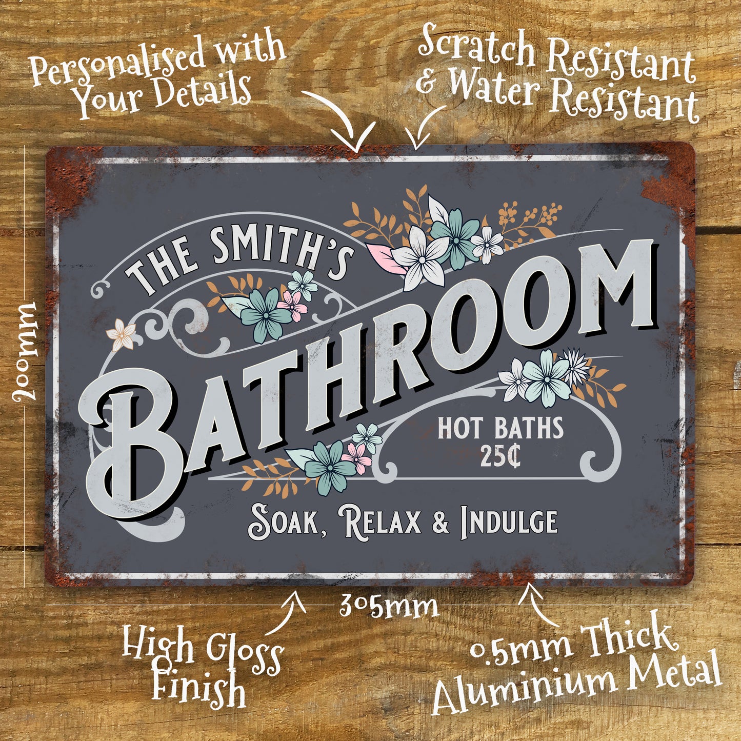 Vintage Retro personalised bathroom metal sign details