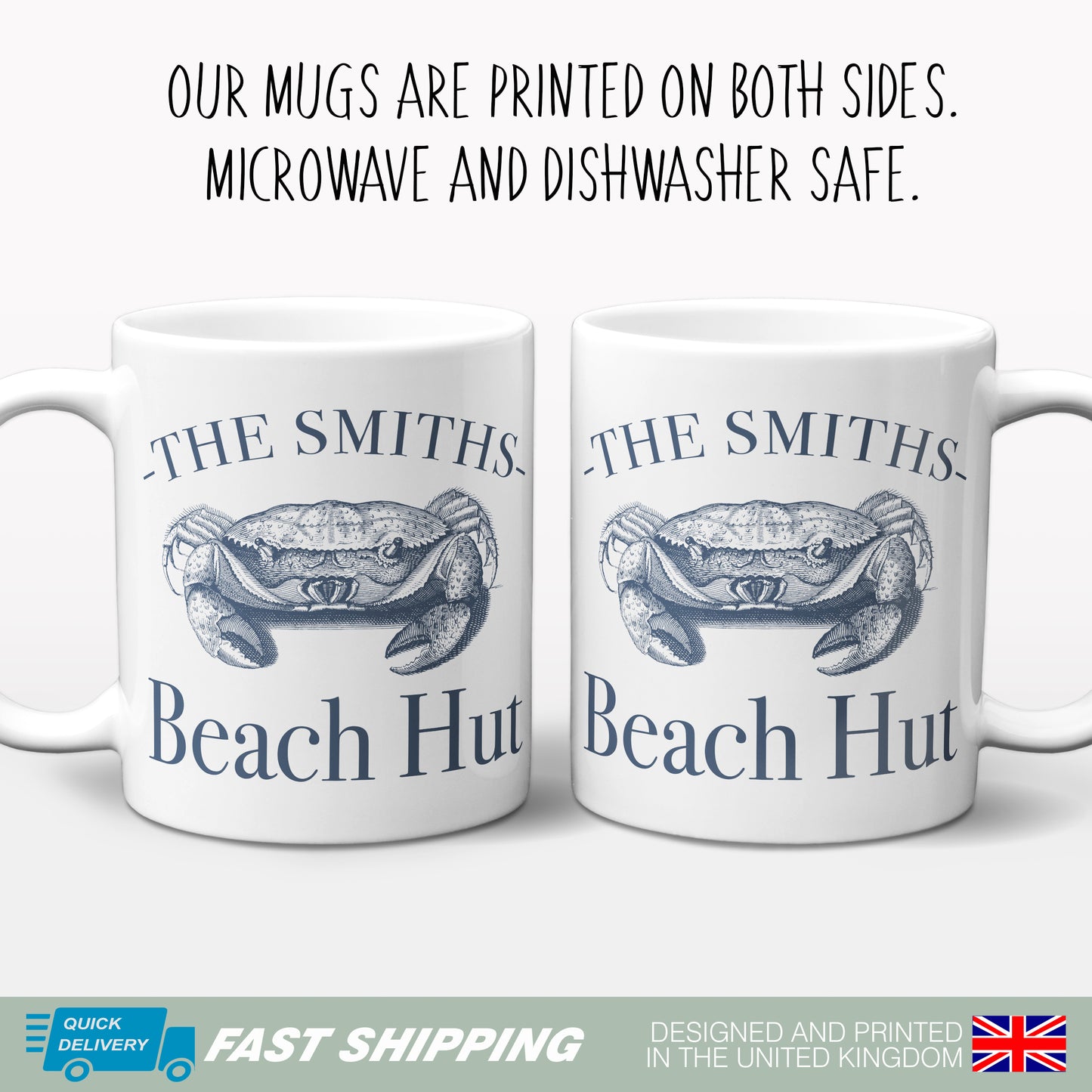 Personalised Beach hut mug gift vintage crab design details