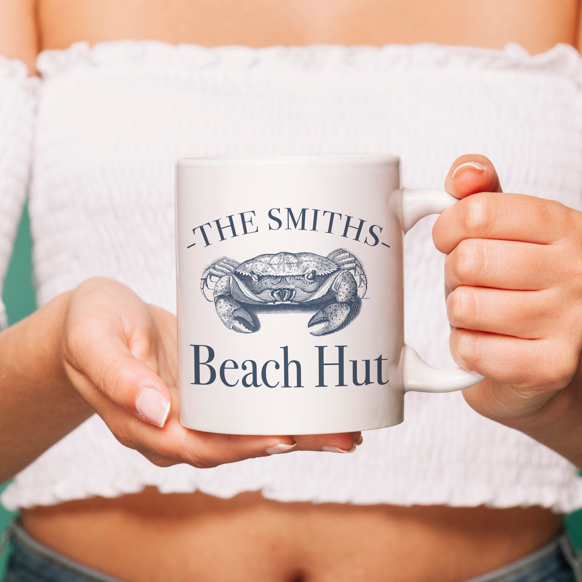 Personalised Beach hut mug gift vintage crab design lifestyle pic