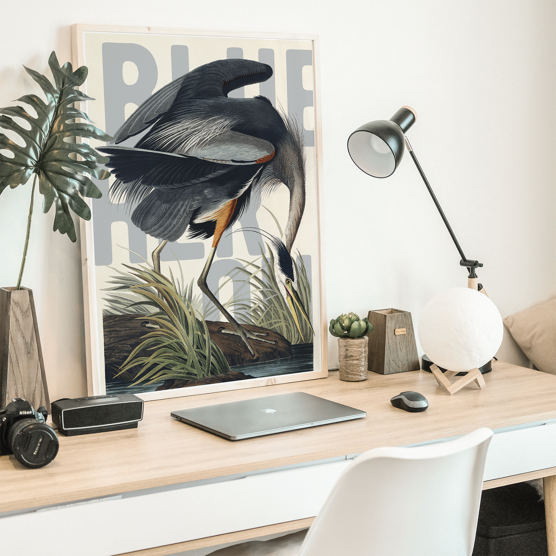 Exotic Bird Wall Art Poster Blue Heron frame on desk