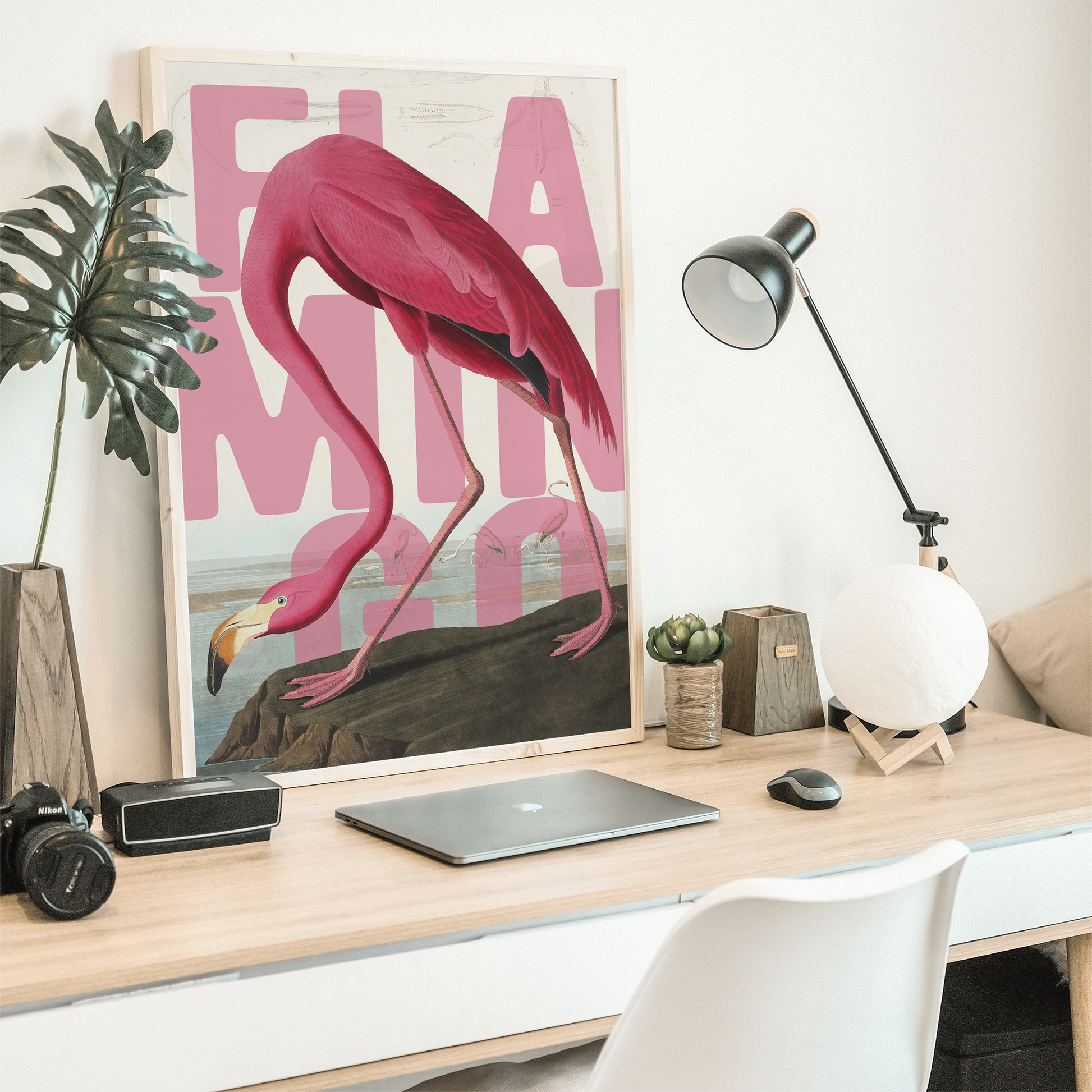 Pink Flamingo Exotic Bird Wall Art Poster Print framed on desk