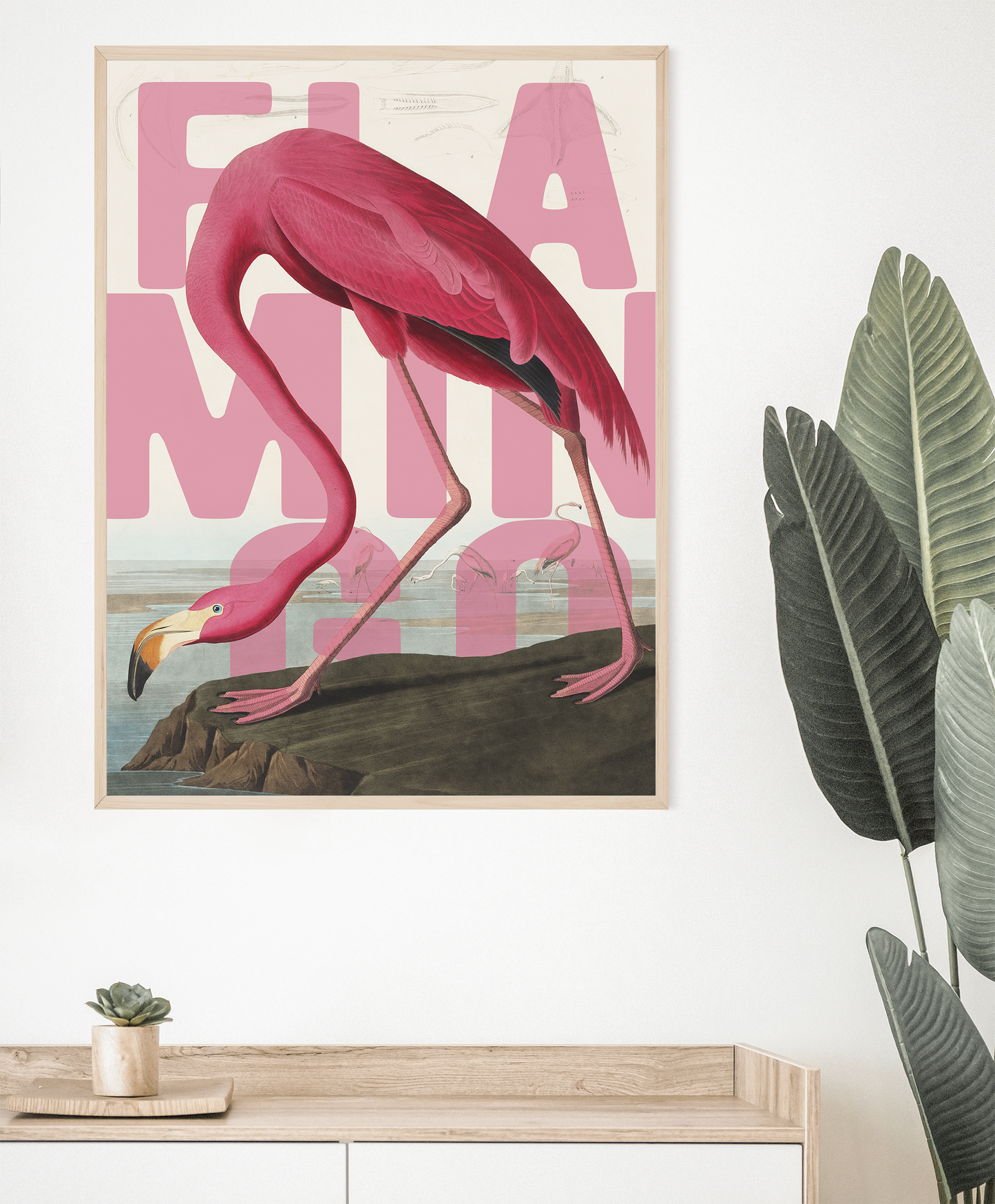 Pink Flamingo Exotic Bird Wall Art Poster Print framed on wall