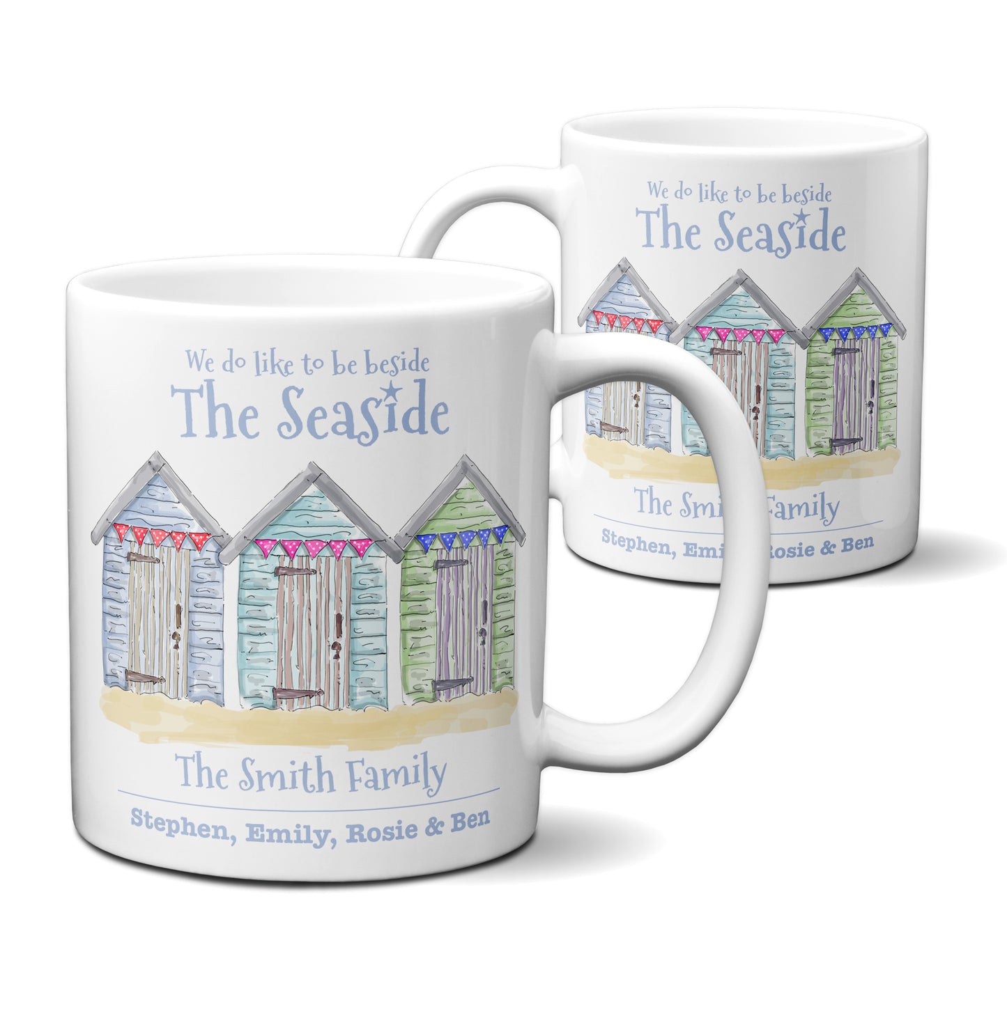 personalised beach hut illustration gift mug beside the seaside family 
