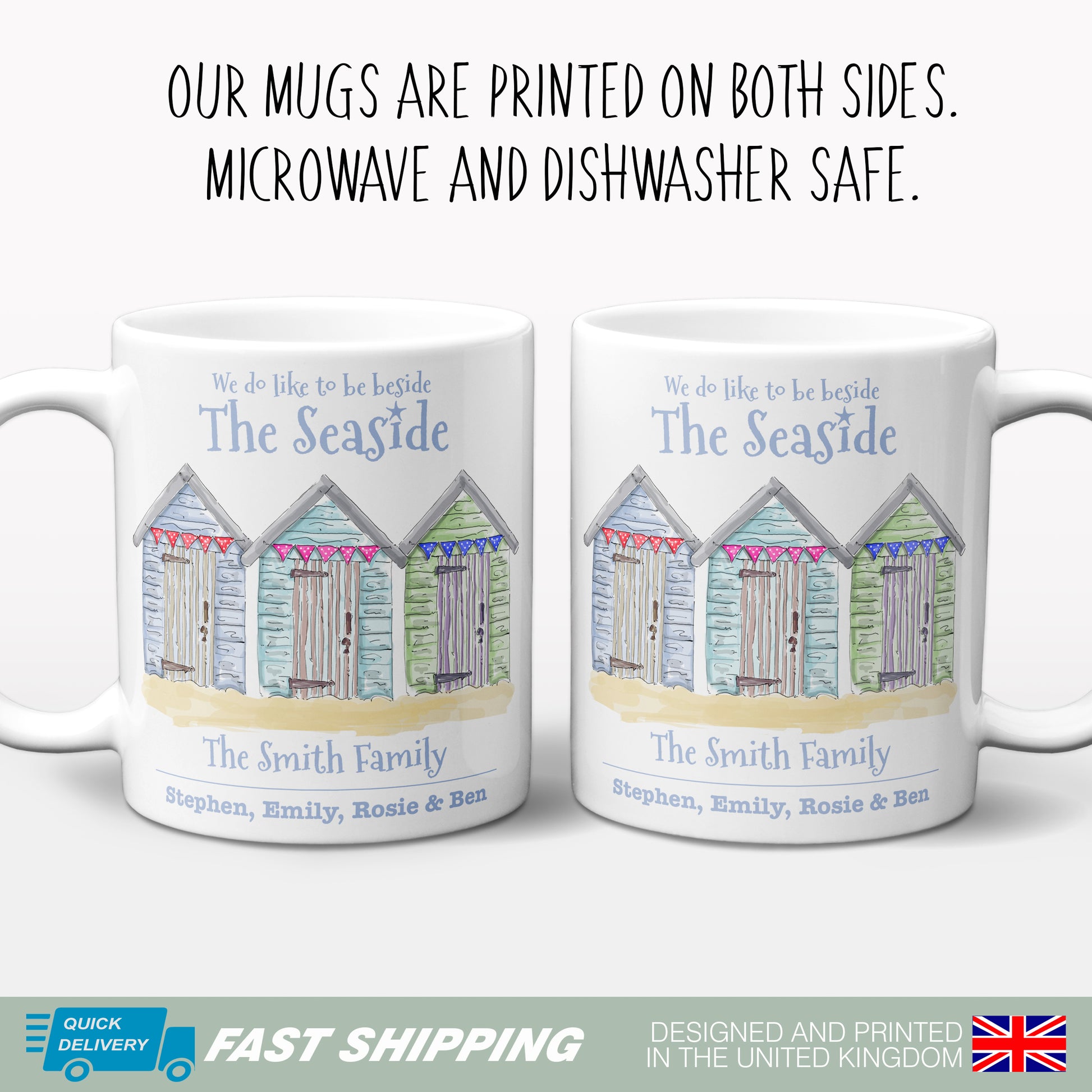 personalised beach hut illustration gift mug beside the seaside family details