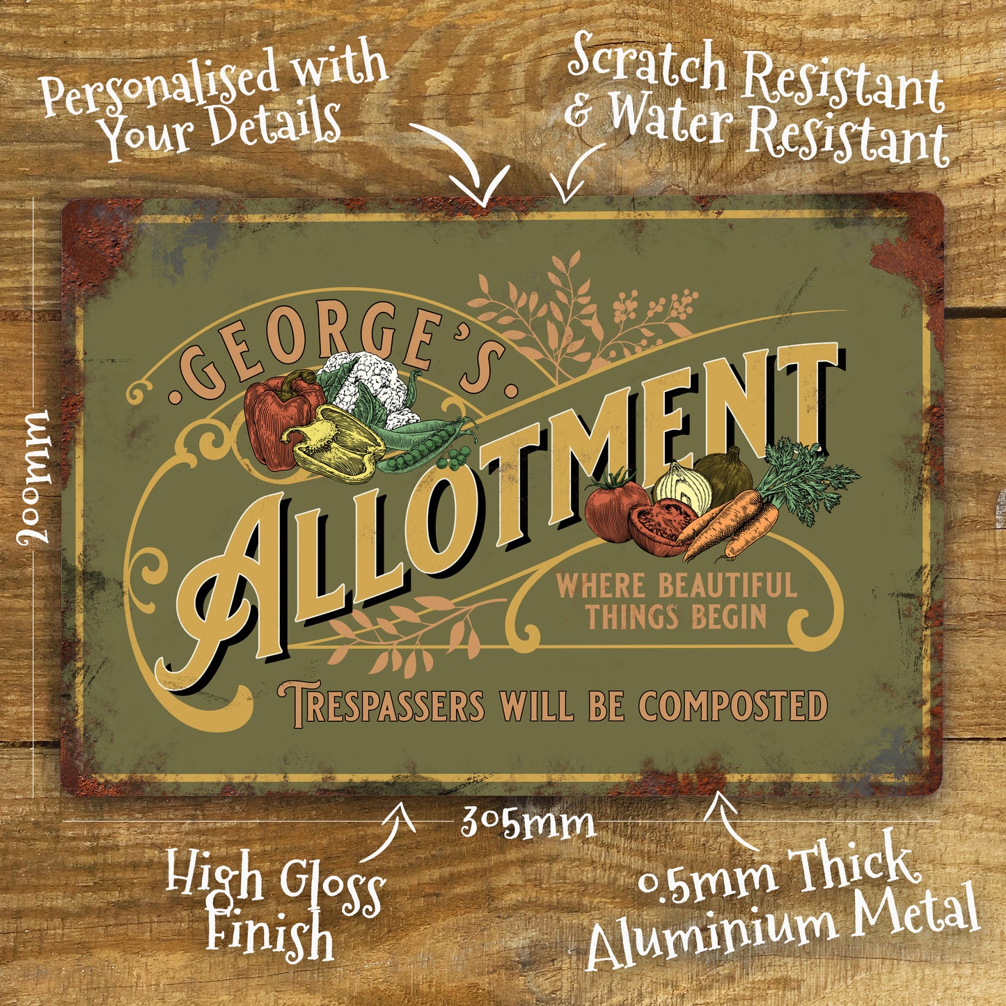 Personalised Allotment Sign Garden Vegetable Patch Metal Door Wall Sign Vintage 200x305mm