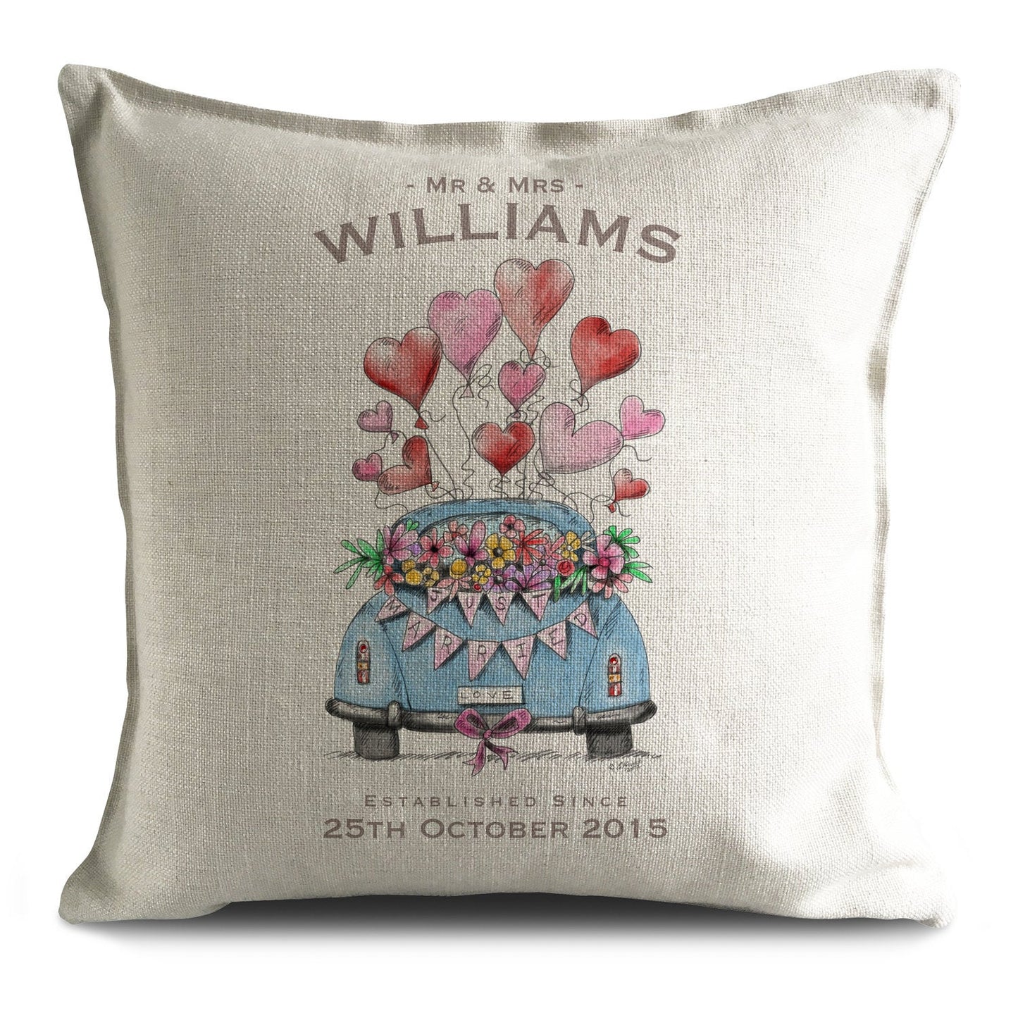 Personalised custom wedding gift cushion cover with vintage car and love hearts illustration