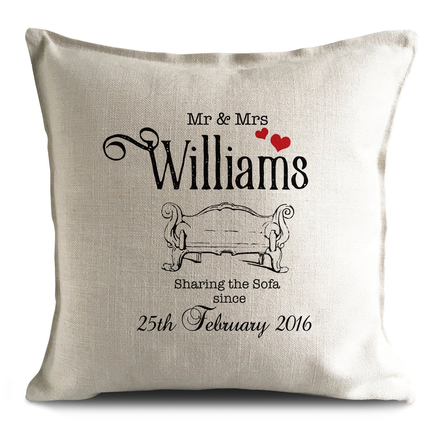 Personalised mr and mrs sharing the sofa cushion