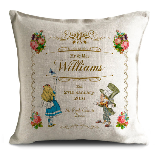personalised custom Alice in wonderland wedding cushion with Alice and mad hatter illustrations