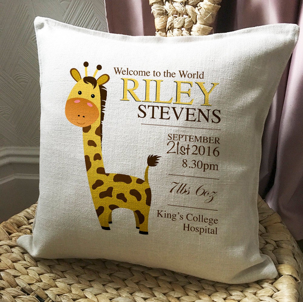 personalised new baby christening cushion cover giraffe design on chair