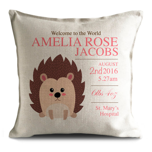Personalised New Baby Cushion Pillow Cover Hedgehog 40cm 16"