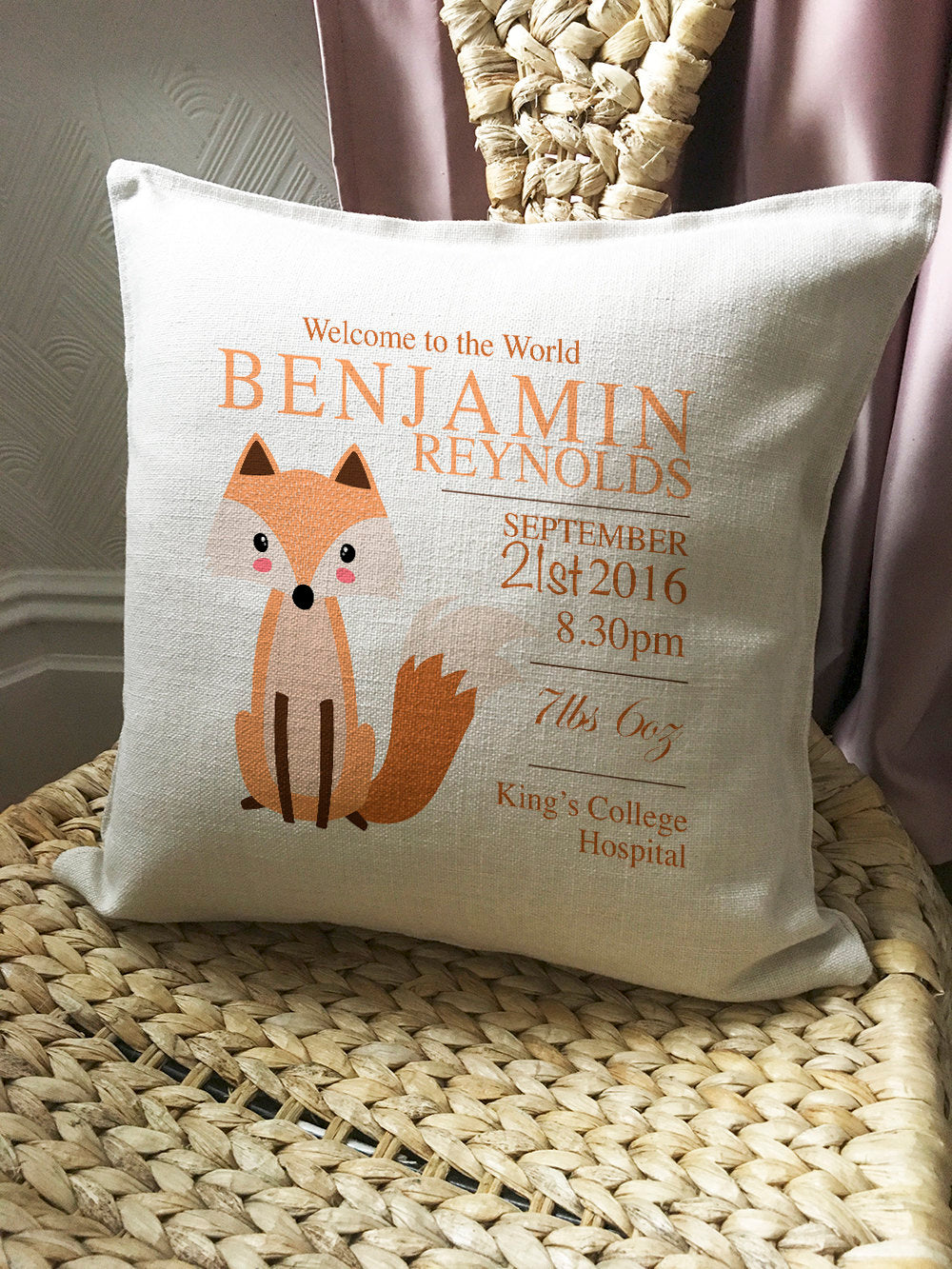 Personalised New Baby Cushion Pillow Cover Fox Illustration 40cm 16"
