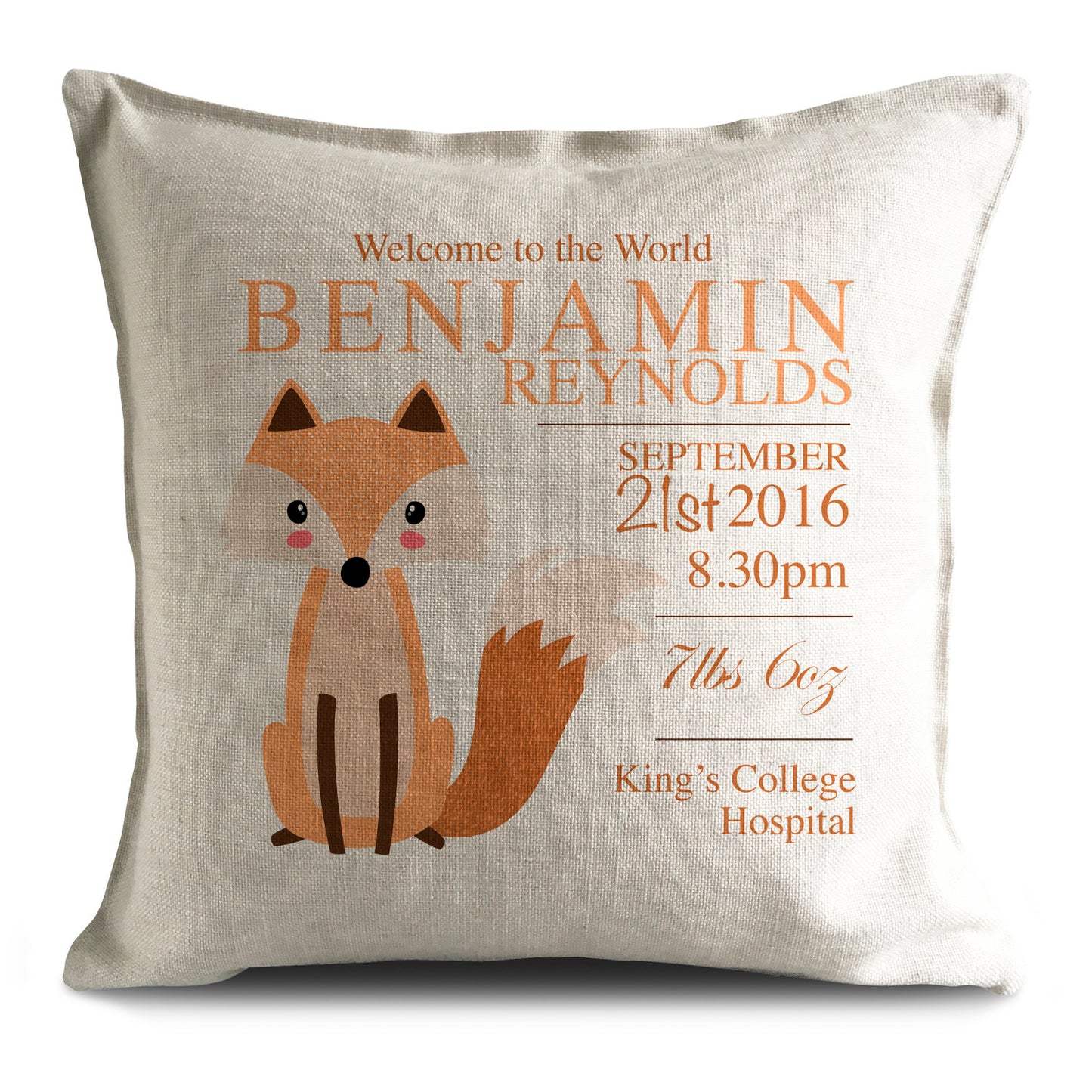 Personalised New Baby Cushion Pillow Cover Fox Illustration 40cm 16"