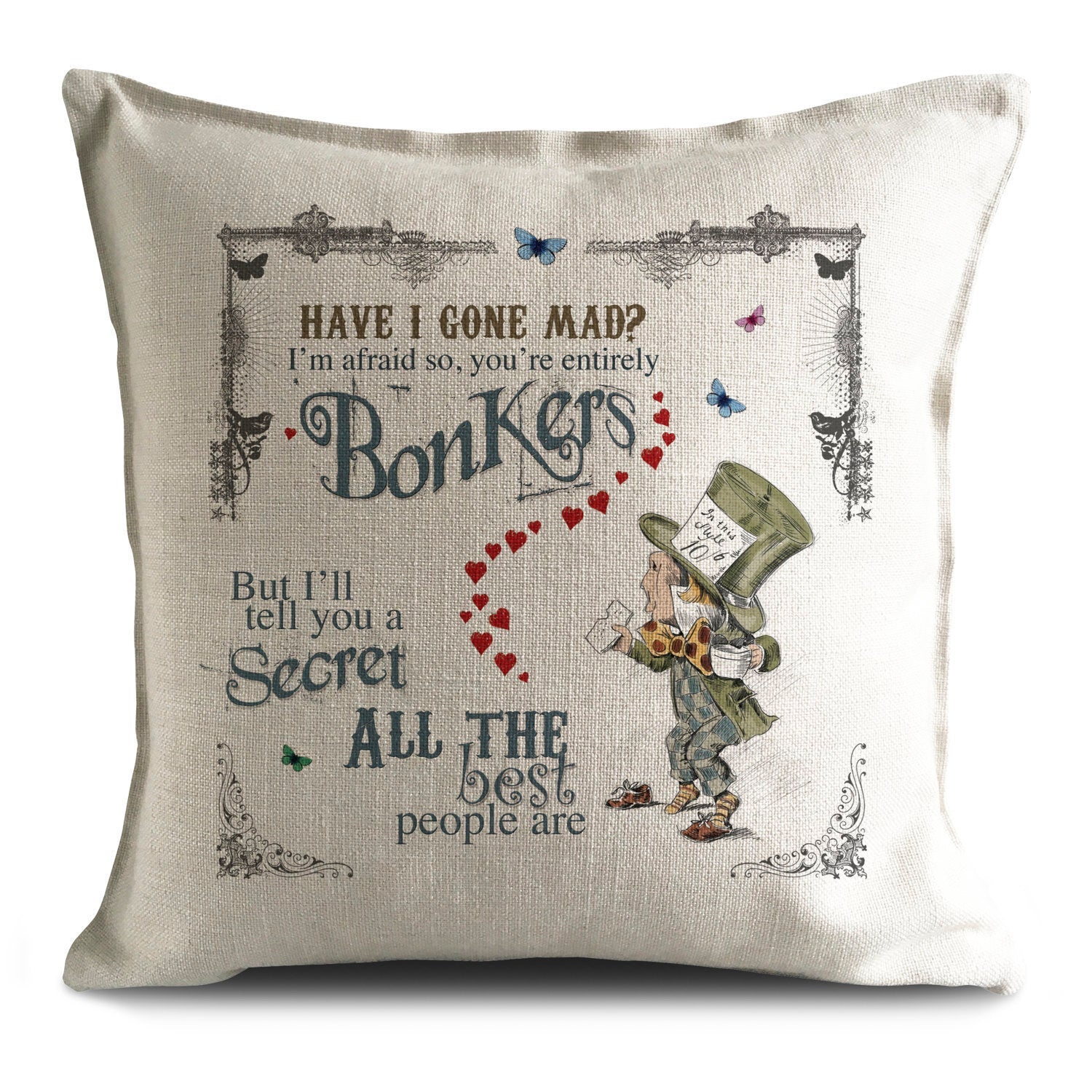 Alice in wonderland mad hatter cushion cover with bonkers quote