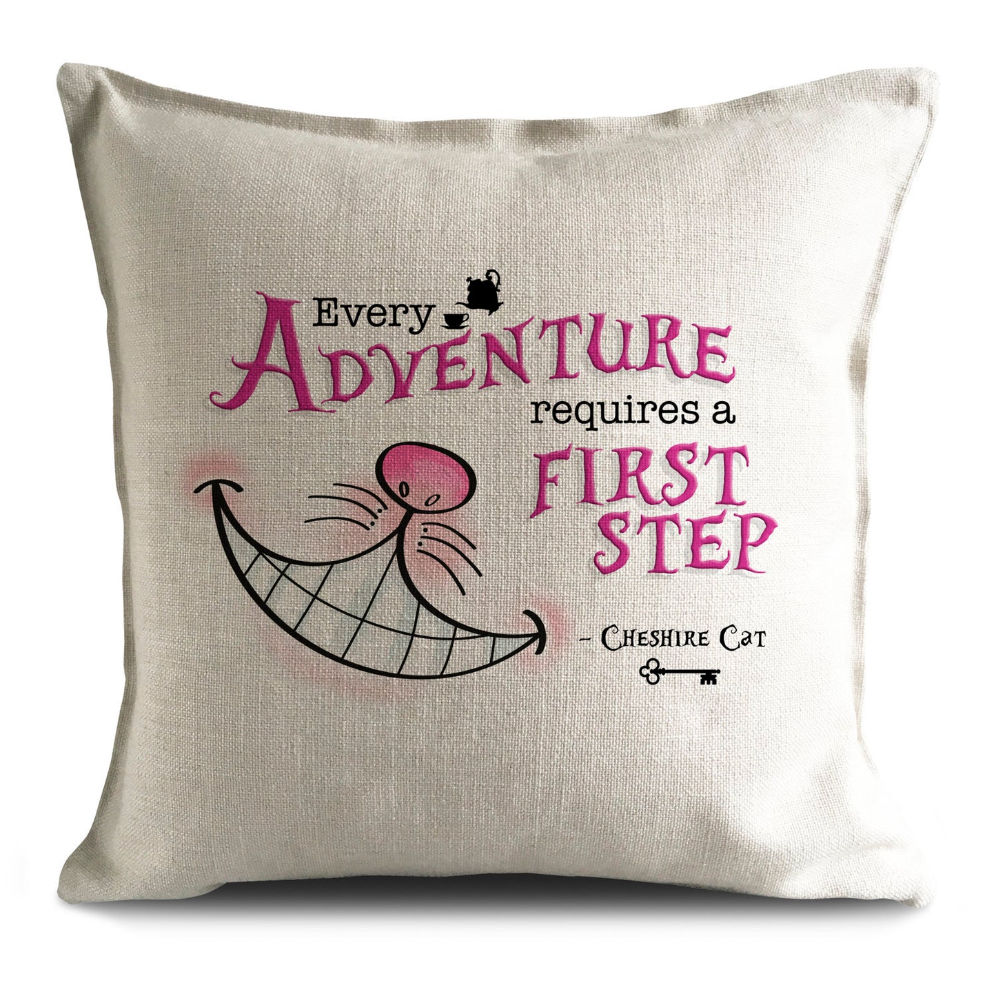 Alice in wonderland cushion cover with Cheshire Cat every adventure quote
