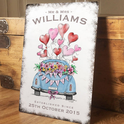 Personalised Wedding Sign Gift. Vintage car Metal Sign