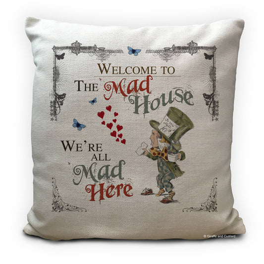Alice in wonderland mad hatter cushion cover with welcome to the mad house quote