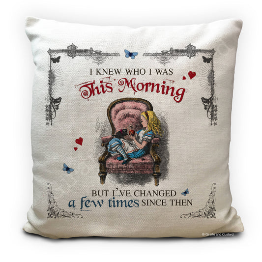 Alice in wonderland cushion cover with Alice sitting in chair and this morning quote