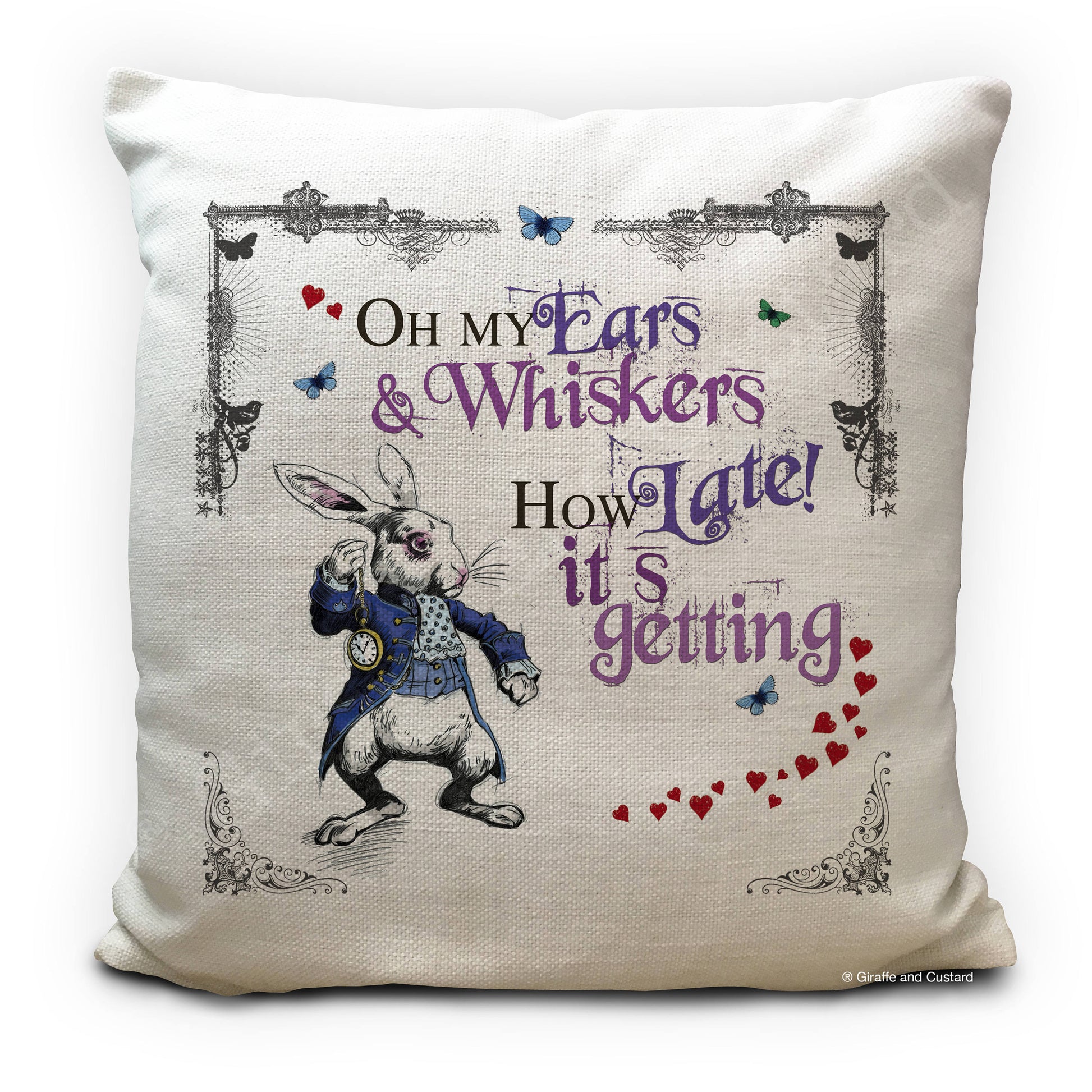 Alice in wonderland cushion cover with white rabbit i'm late quote