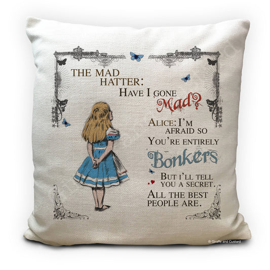 Alice in wonderland cushion cover with have I gone mad quote