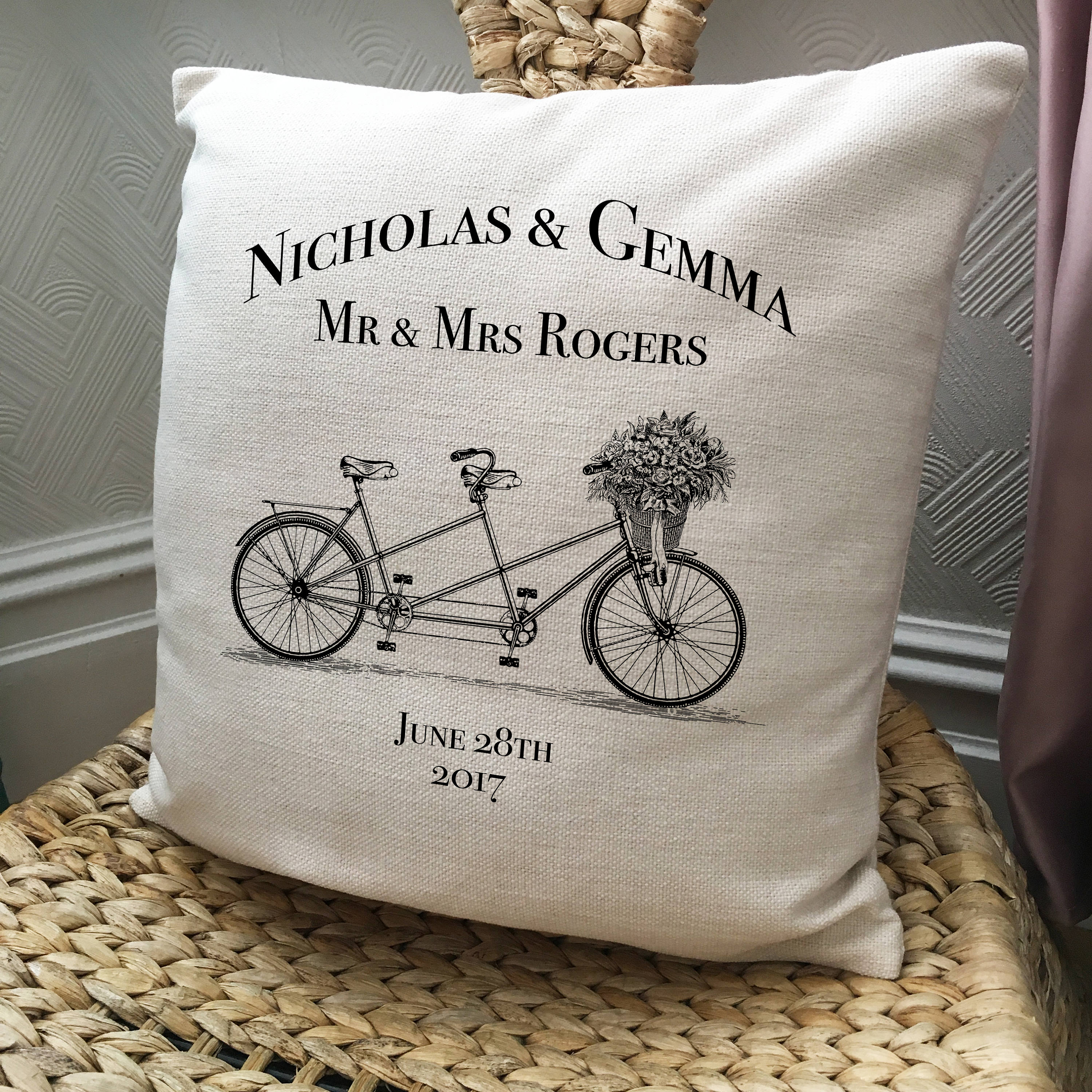 Personalised Wedding Gift Tandem Bicycle Cushion Cover