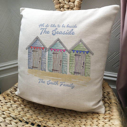 personalised custom seaside beach huts cushion cover on chair