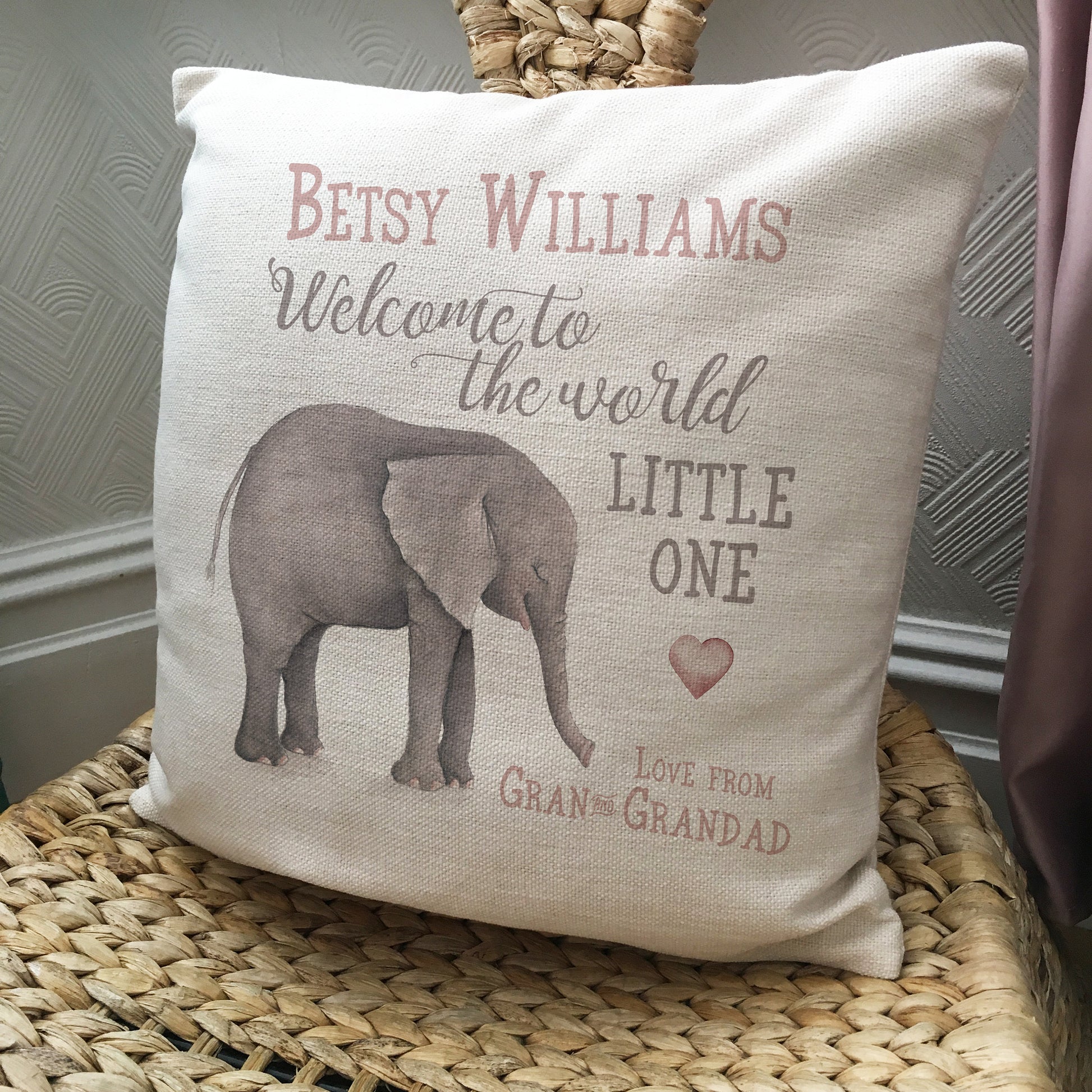 Personalised new baby christening elephant cushion cover gift on chair