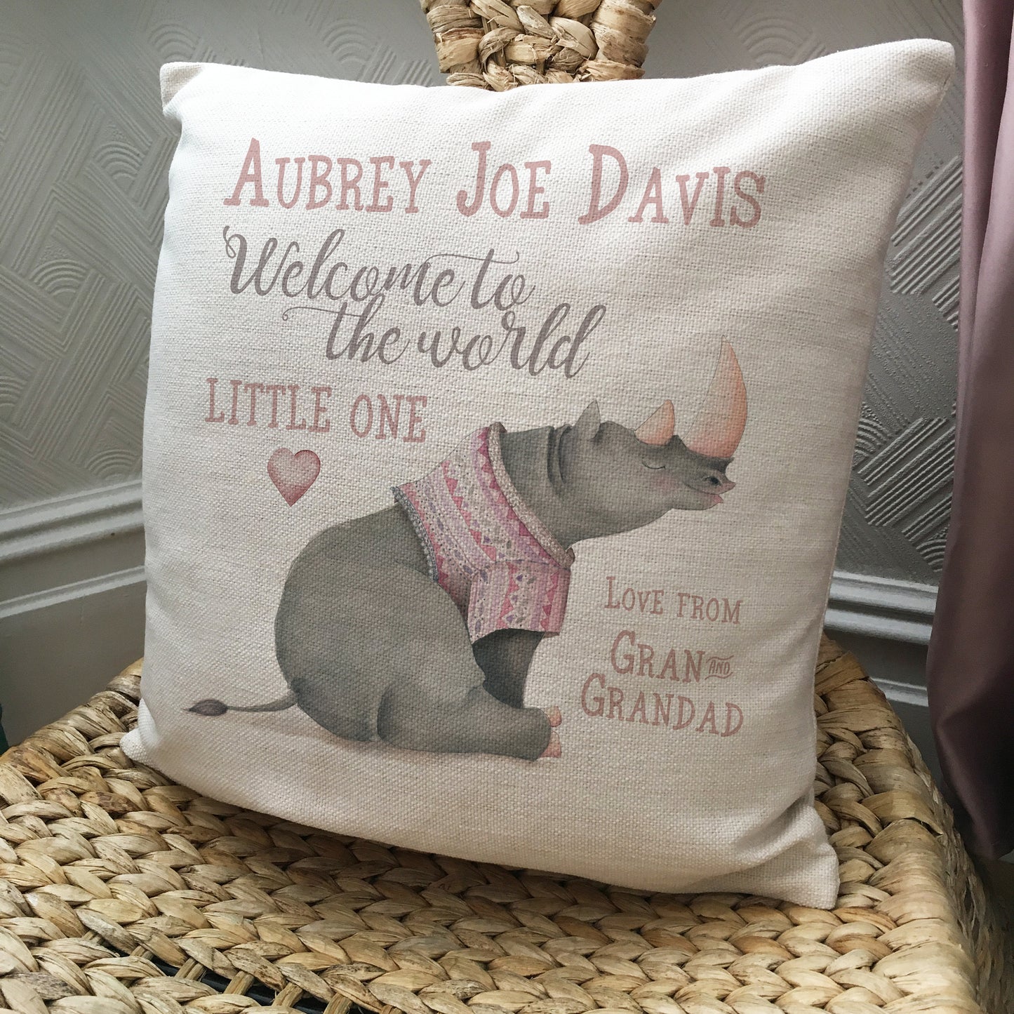 Personalised new baby christening birthday rhino cushion cover gift on chair