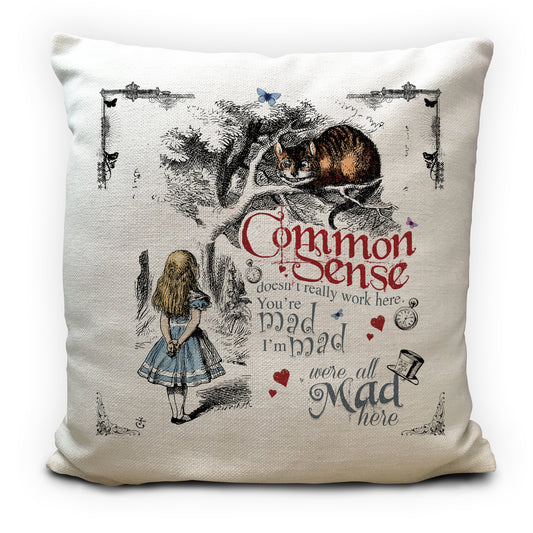 Alice in wonderland cushion cover with Cheshire Cat common sense quote