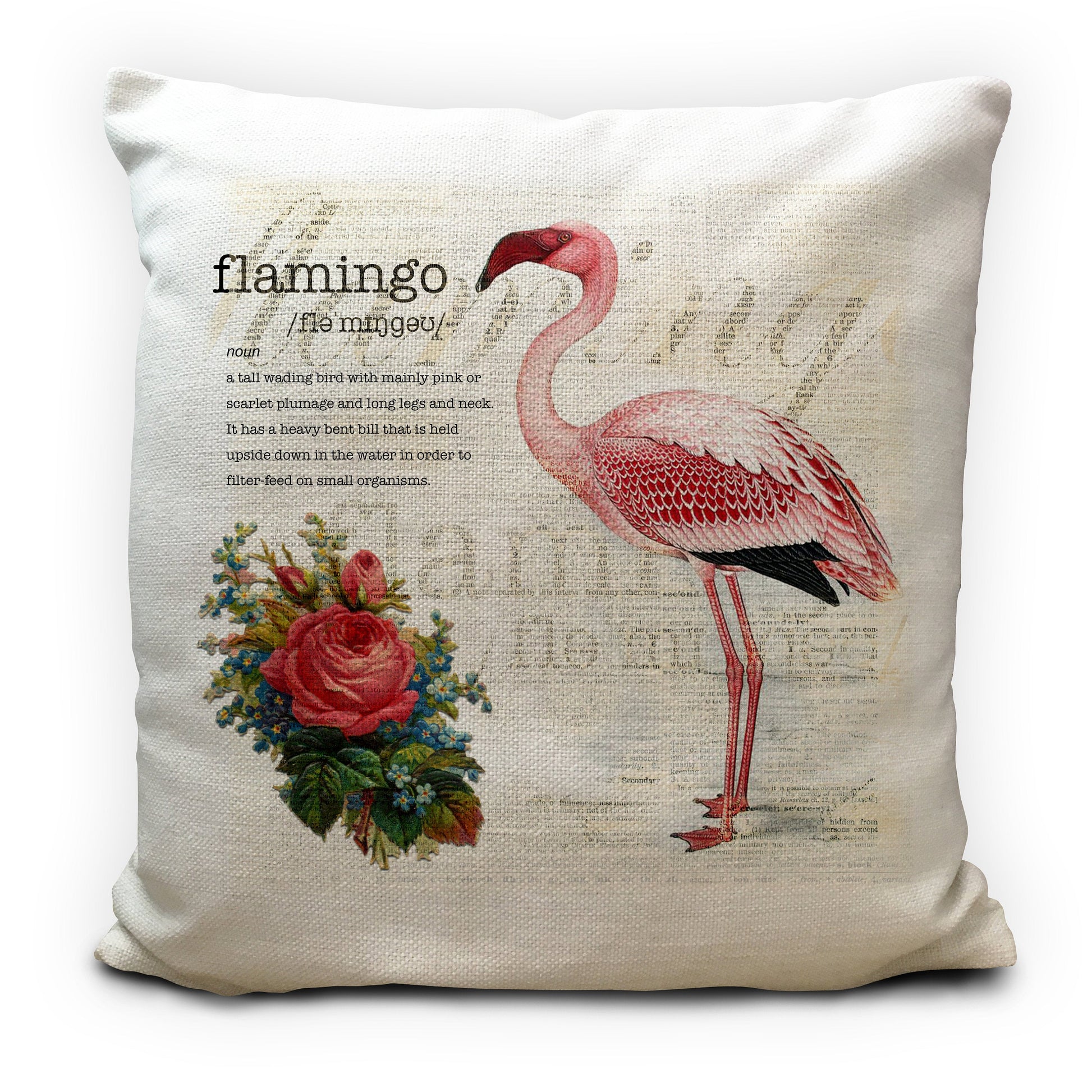 flamingo cushion cover with traditional art and dictionary description