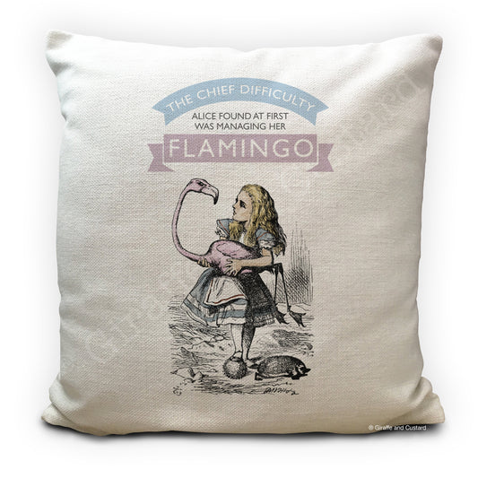 Alice in wonderland cushion cover with traditional flamingo illustration and quote