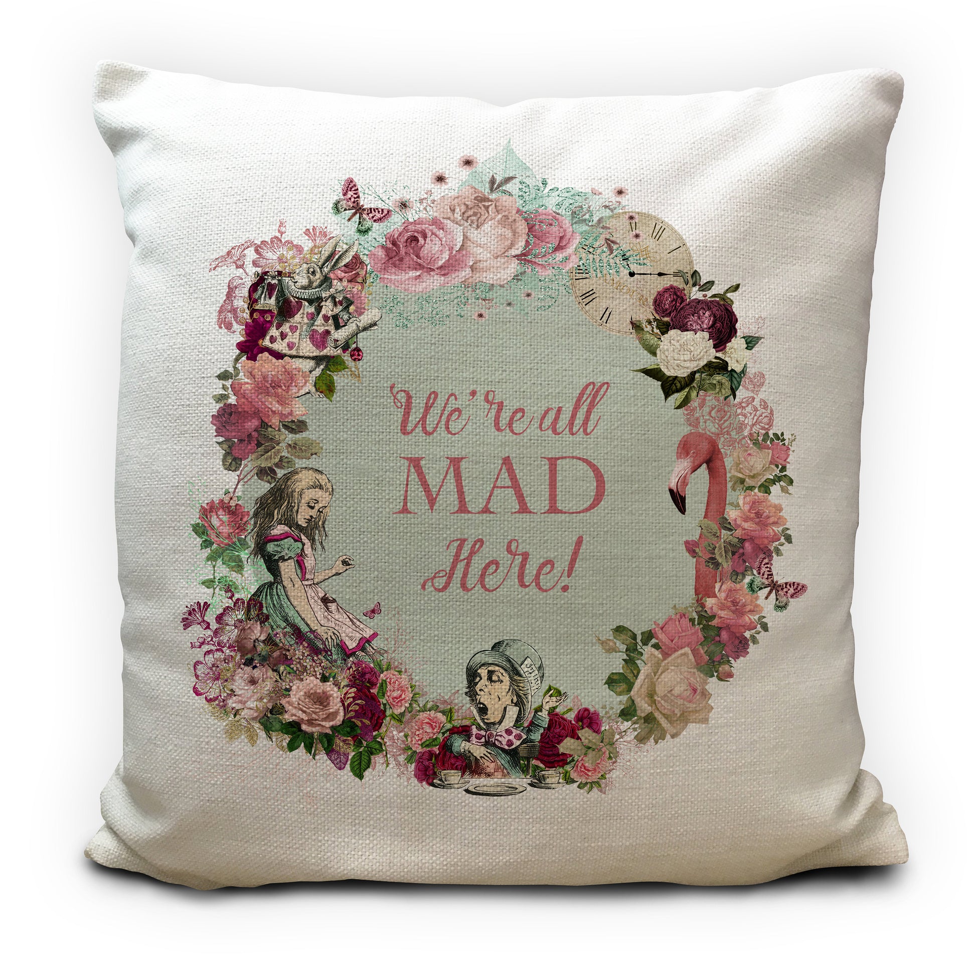 Alice in wonderland cushion cover with illustrations montage and all mad here quote