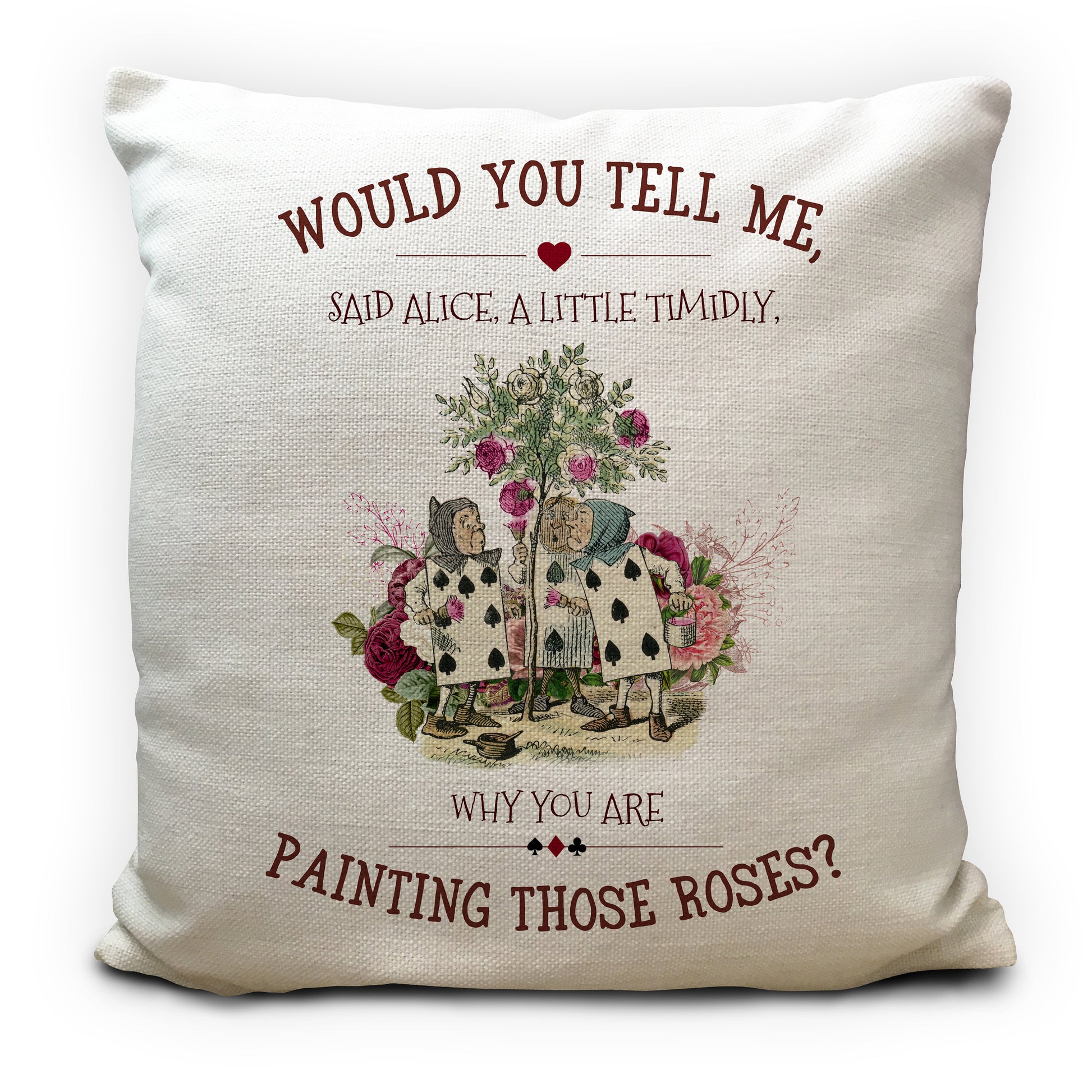 Alice in wonderland cushion cover with playing cards illustration