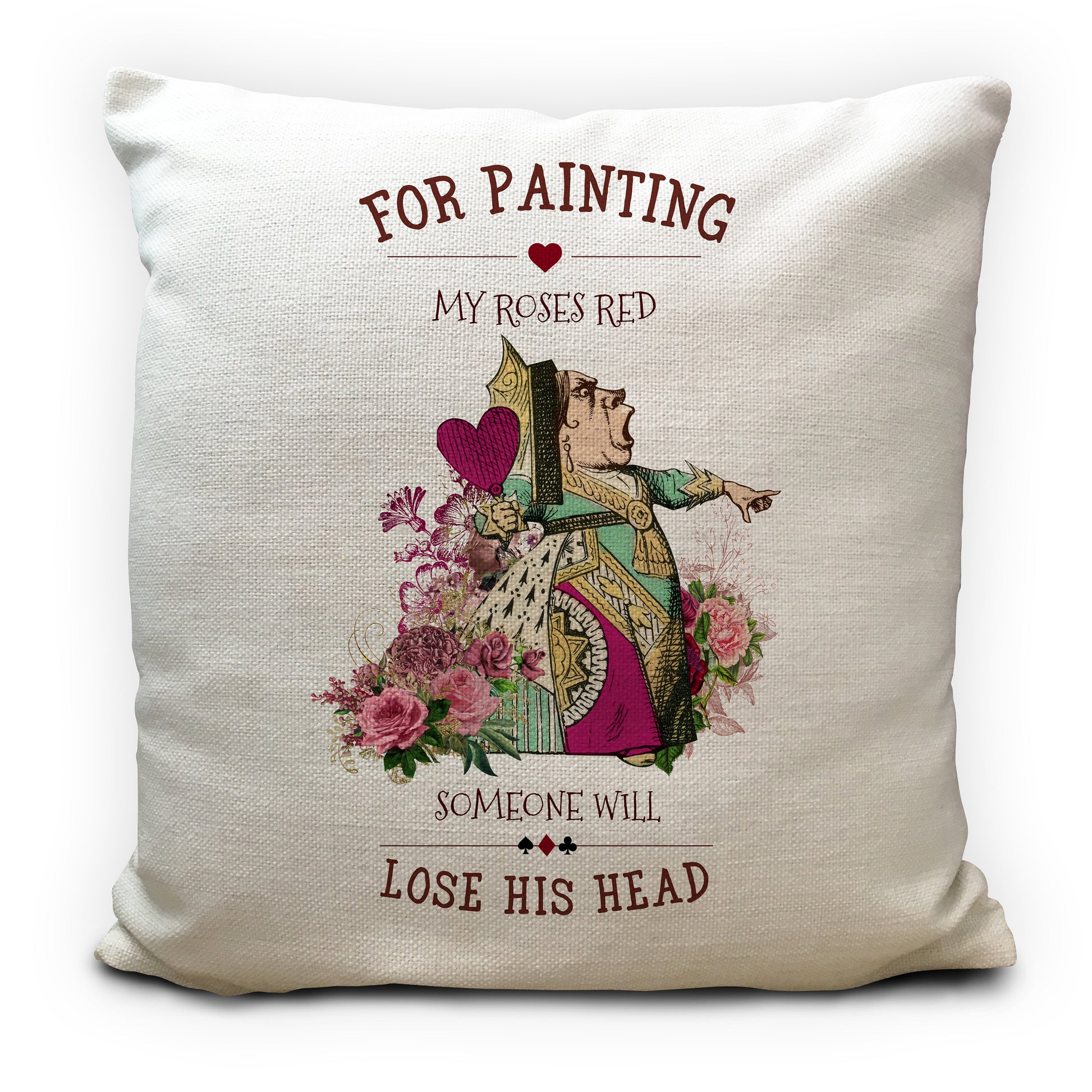 Alice in wonderland cushion cover with queen of hearts illustration