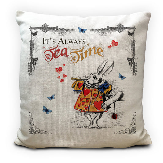 Alice in wonderland cushion cover with white rabbit and tea time quote