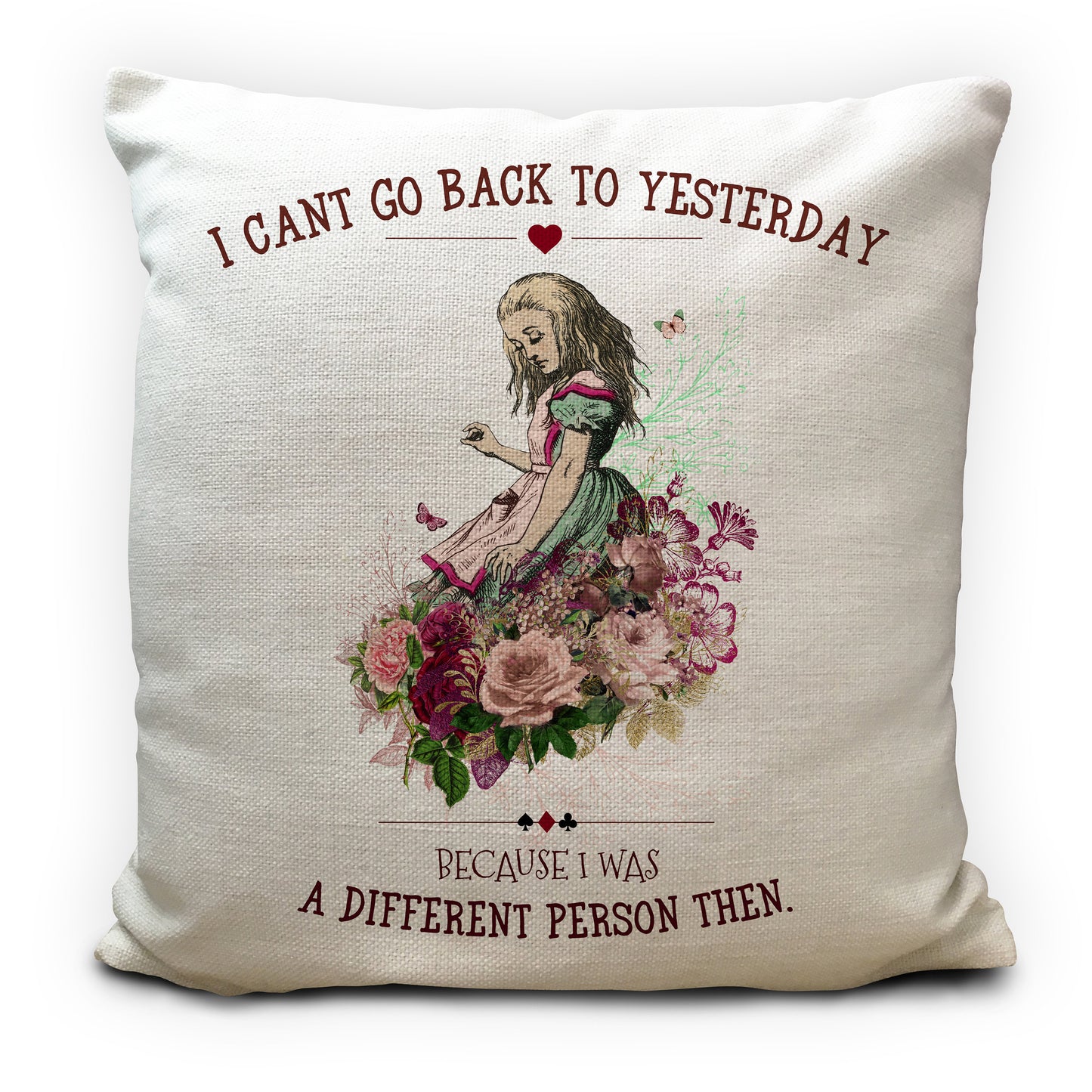 Alice in wonderland cushion cover with pretty illustration and yesterday quote