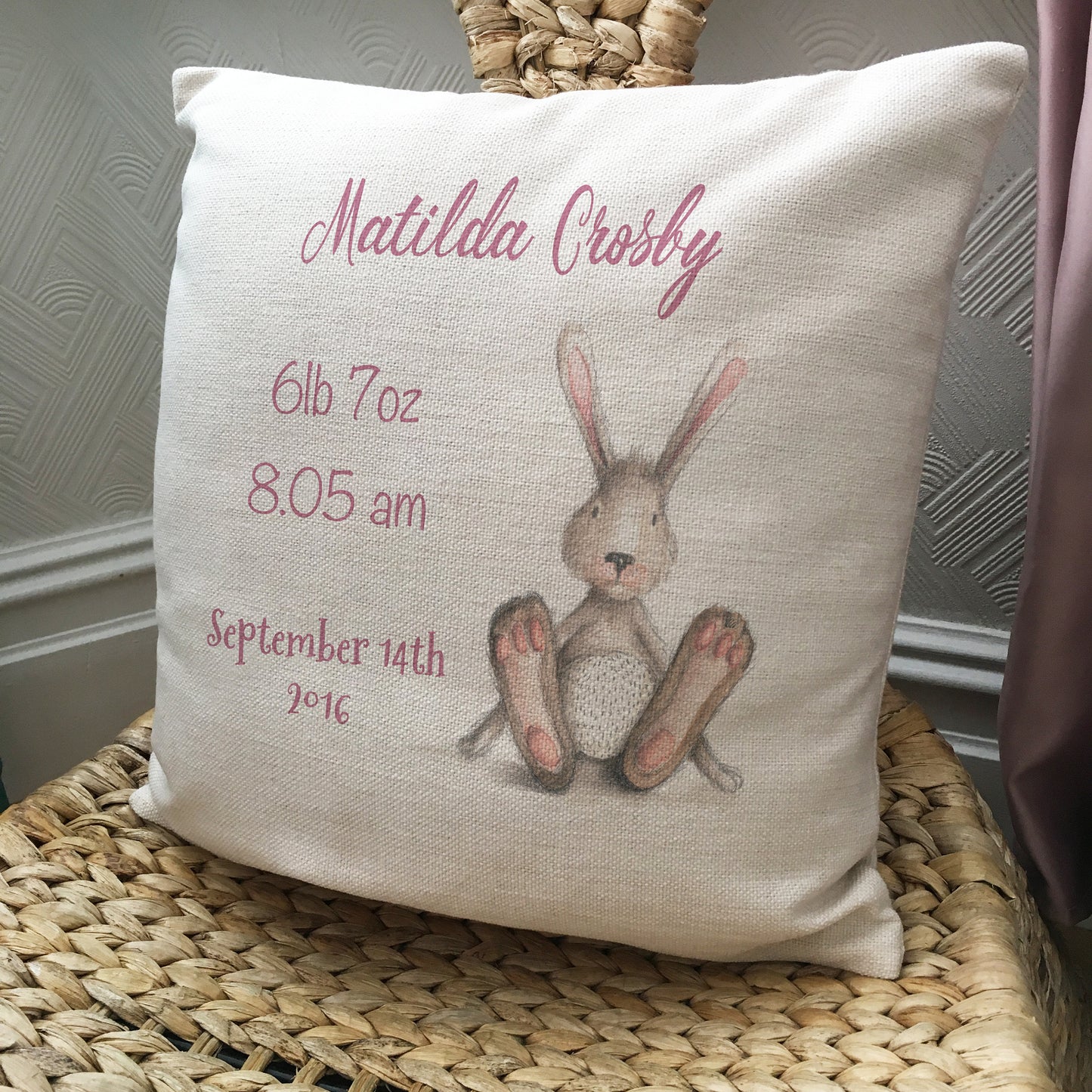Personalised new baby christening birthday cushion cover gift bunny rabbit design on chair