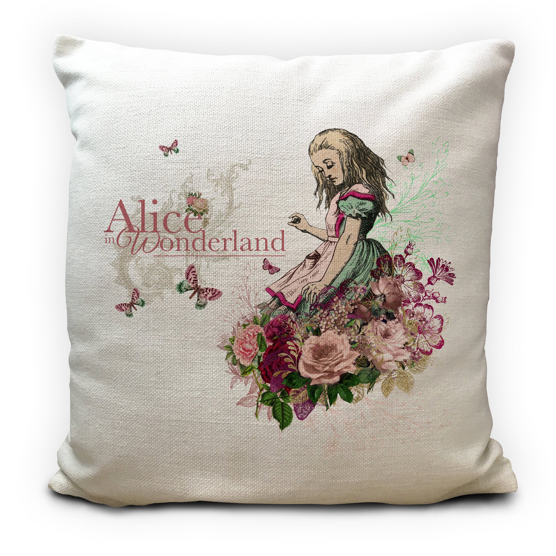 Alice in wonderland cushion cover with butterflies illustration